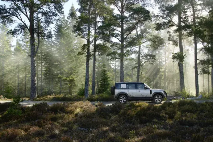 Silberner Landrover fährt durch einen Wald